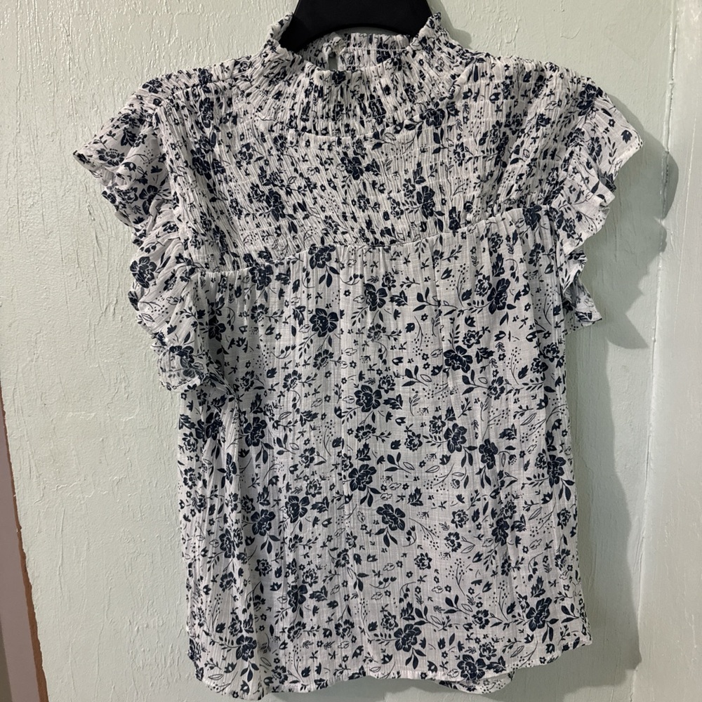 Navy Floral Ruffle Blouse